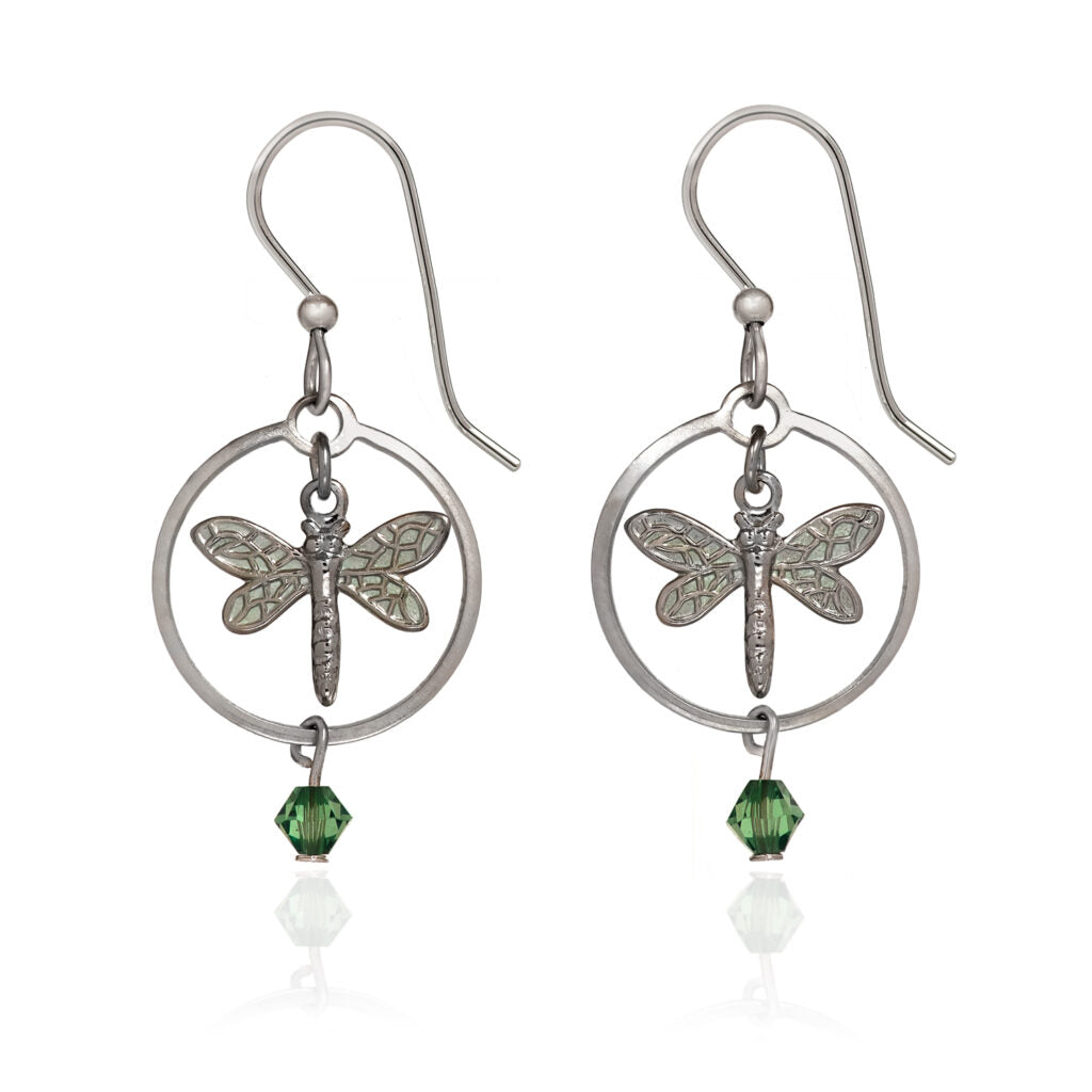 Dragonfly in Circle drop earrings with silver-tone plating and green crystal accents.