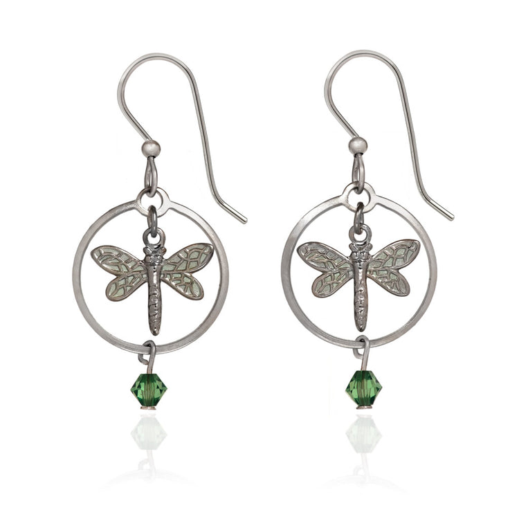 Dragonfly in Circle drop earrings with silver-tone plating and green crystal accents.