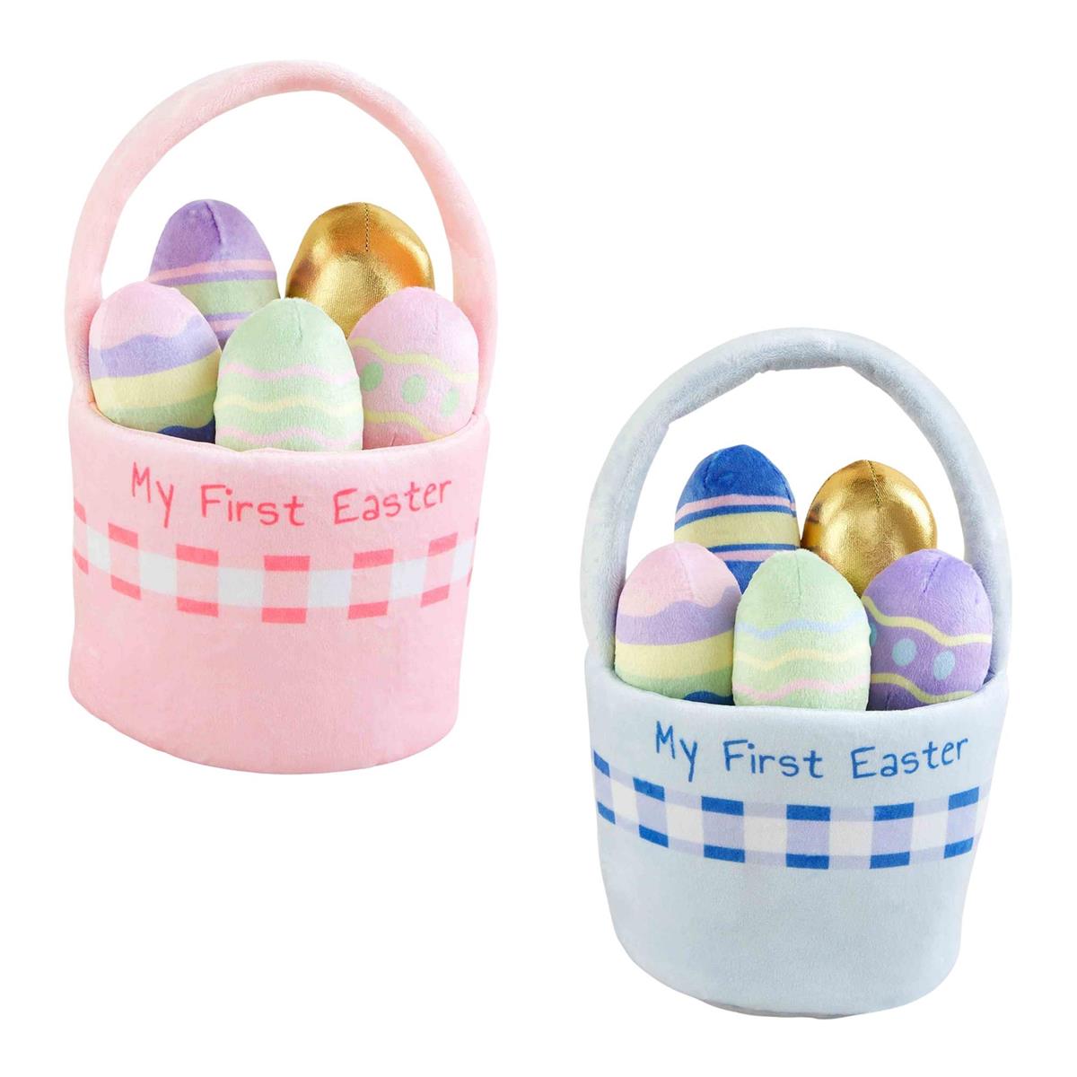 Plush Easter basket set with bunny ears in pastel colors made from cotton fabric.