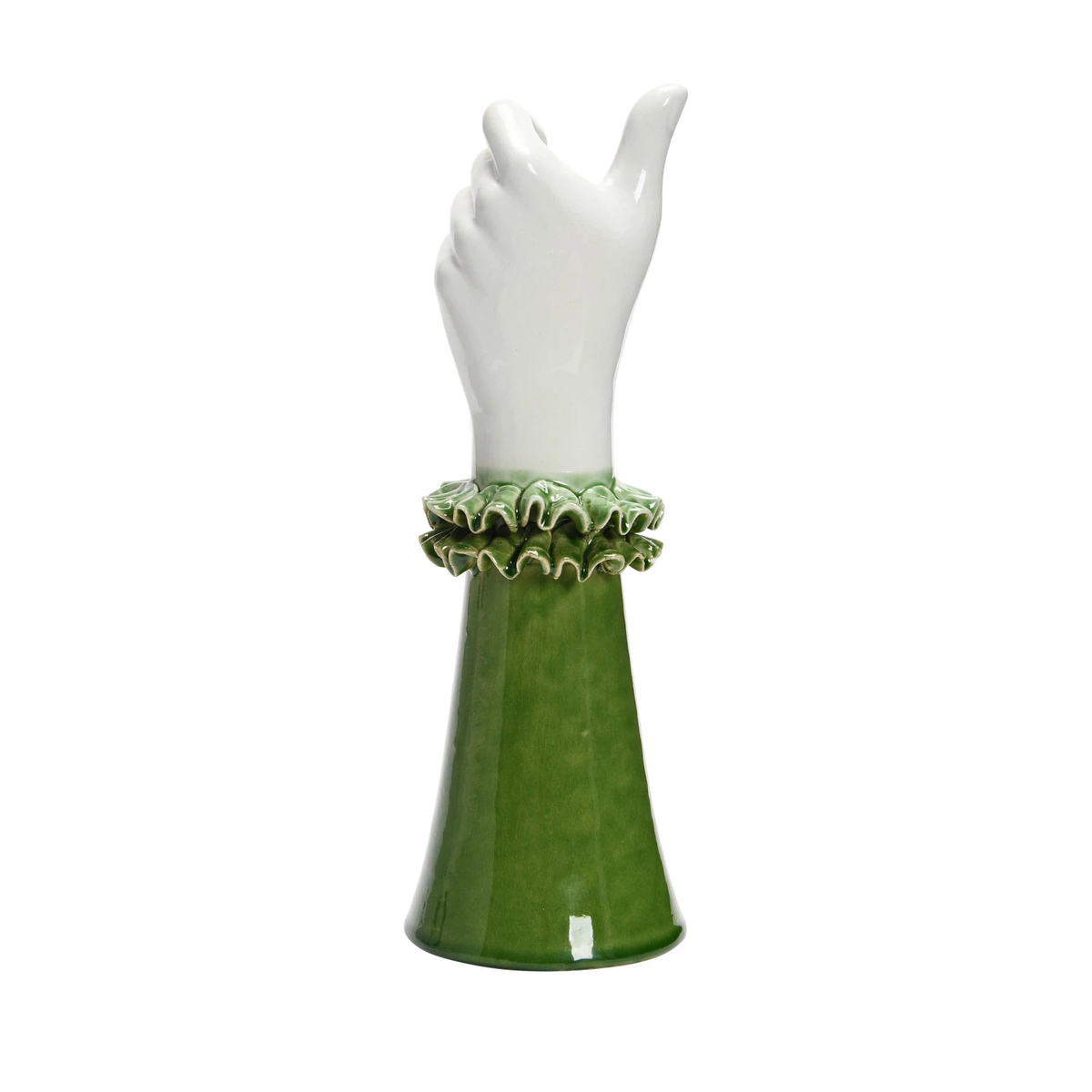 Stoneware hand-shaped vase with ruffled shirt sleeve rim in neutral tone