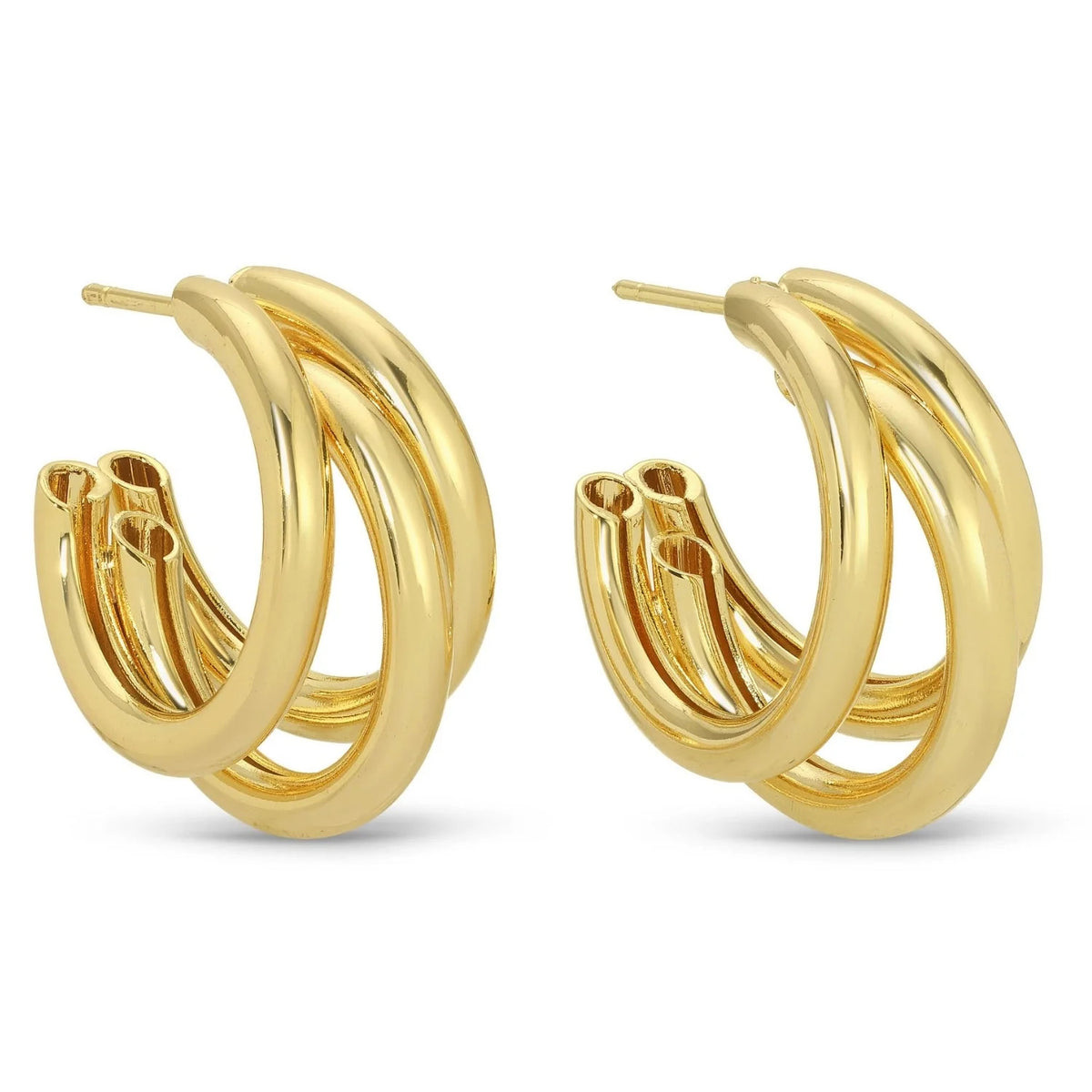 Pair of gold-colored triple hoop earrings with a polished finish and post backings.