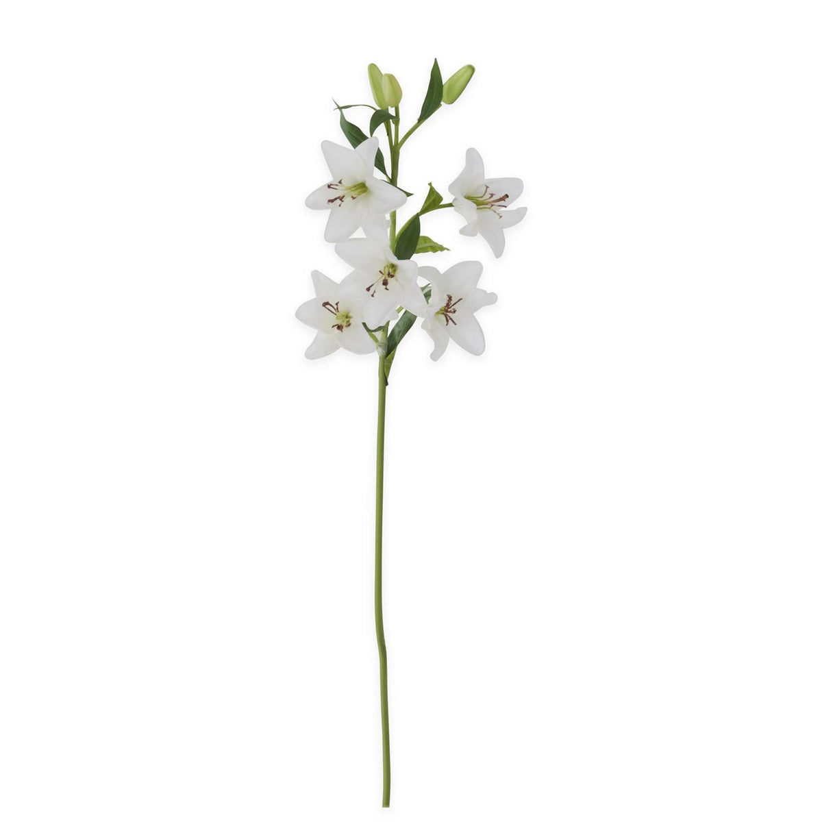 White PU lily artificial flower arrangement with five blooms and three buds on a wire stem.
