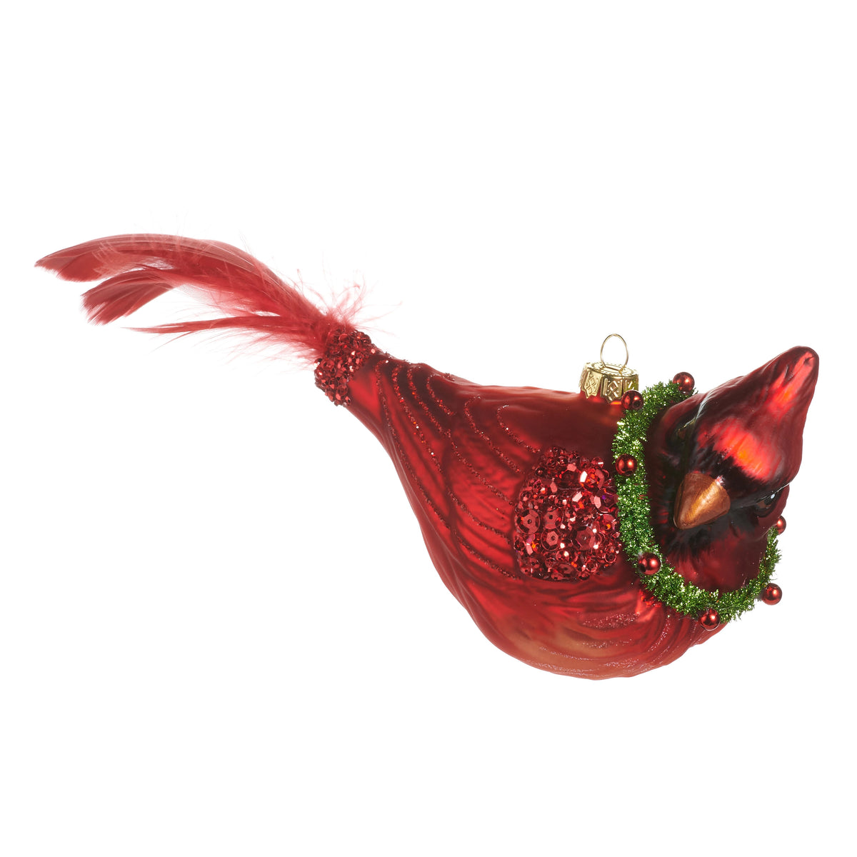 9-inch red glass cardinal bird ornament with a green wreath collar and feather tail.