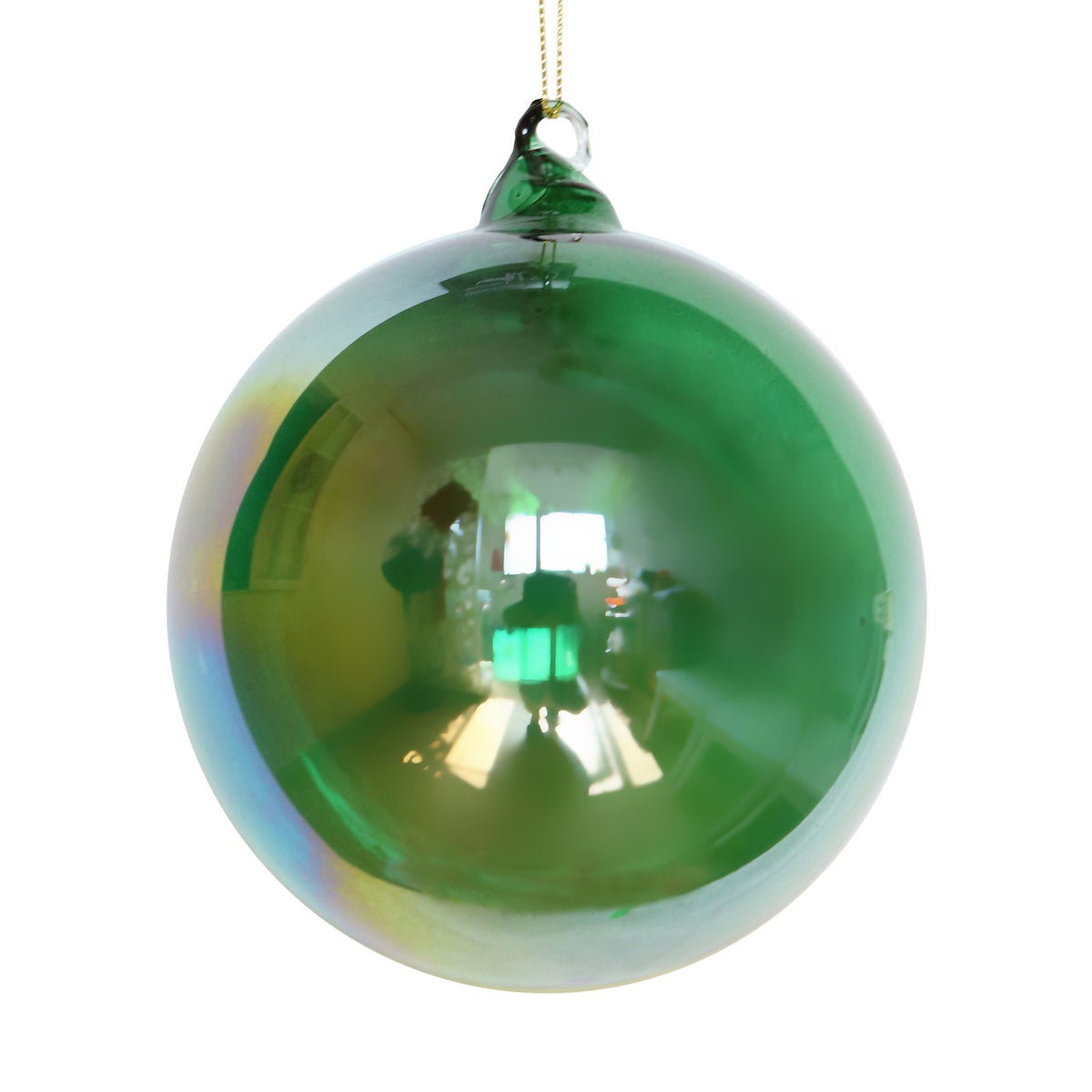 A 120mm green bottle glass ball ornament with a glossy, iridescent reflective finish.