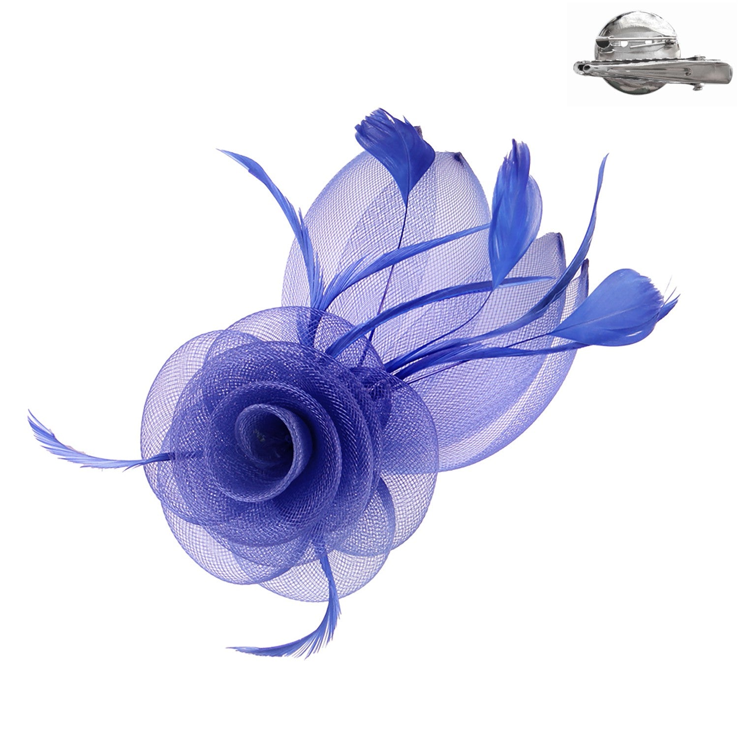 Black mesh fascinator with floral print featuring a decorative clip attachment.