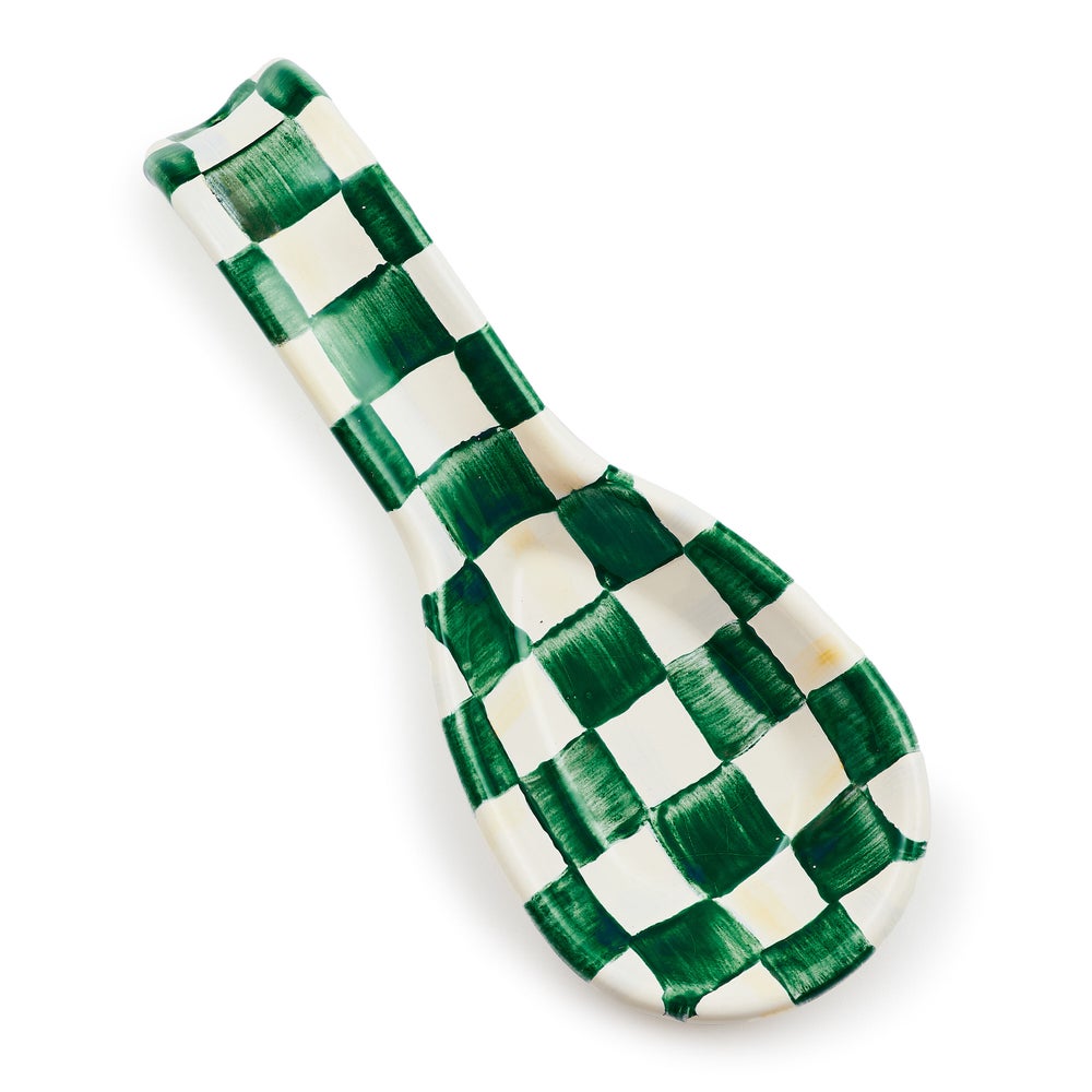 Hand-glazed steel spoon rest with hand-painted emerald check pattern.