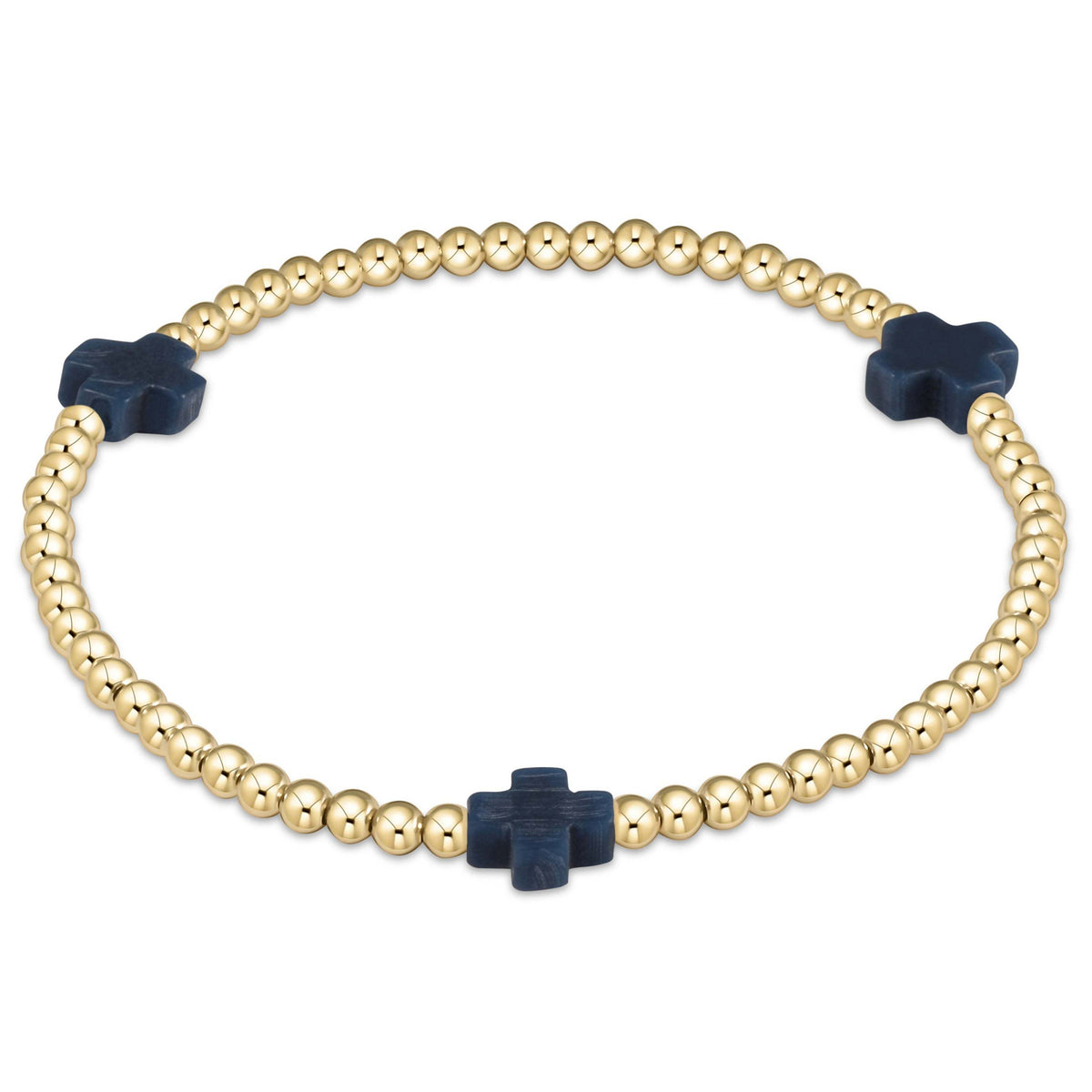 3mm gold-filled bead bracelet featuring a signature cross pendant on elastic cord