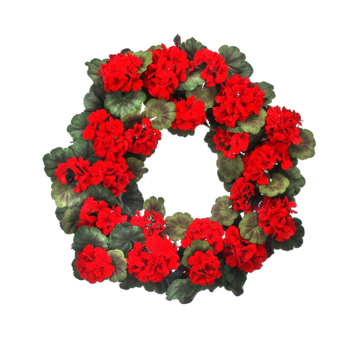 A round mature geranium wreath with a velvet polyester finish in deep burgundy tones.
