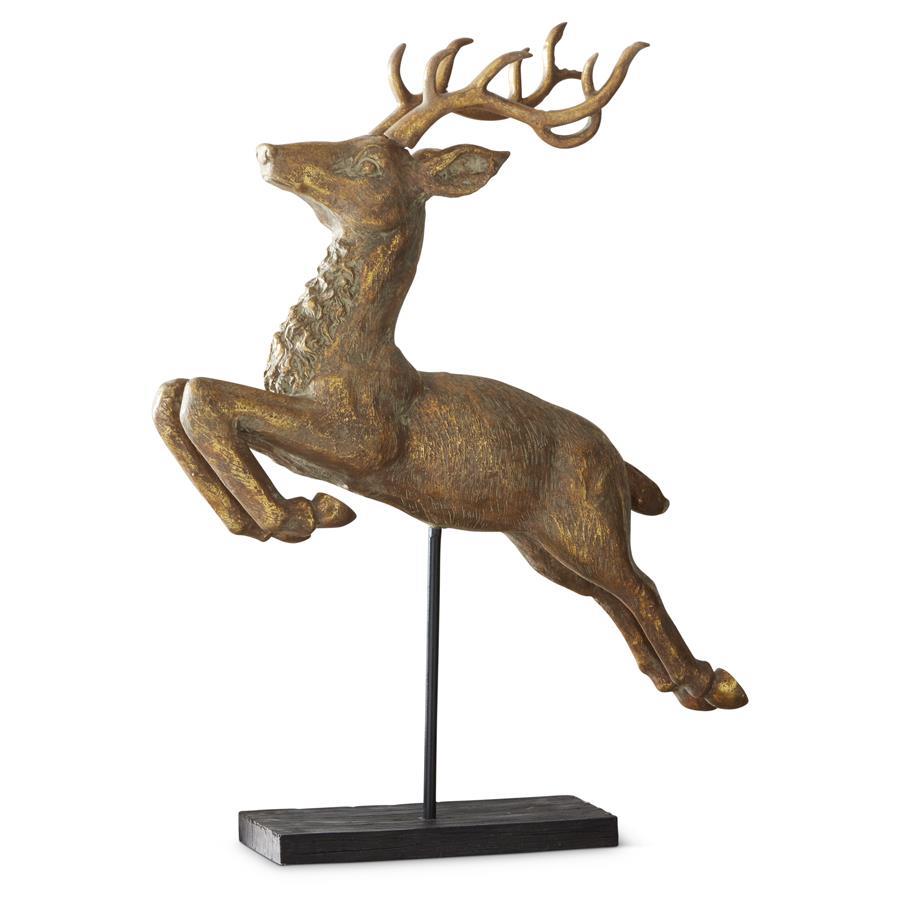35-inch gold flying reindeer statue on a black stand, made of polyresin with a textured finish.