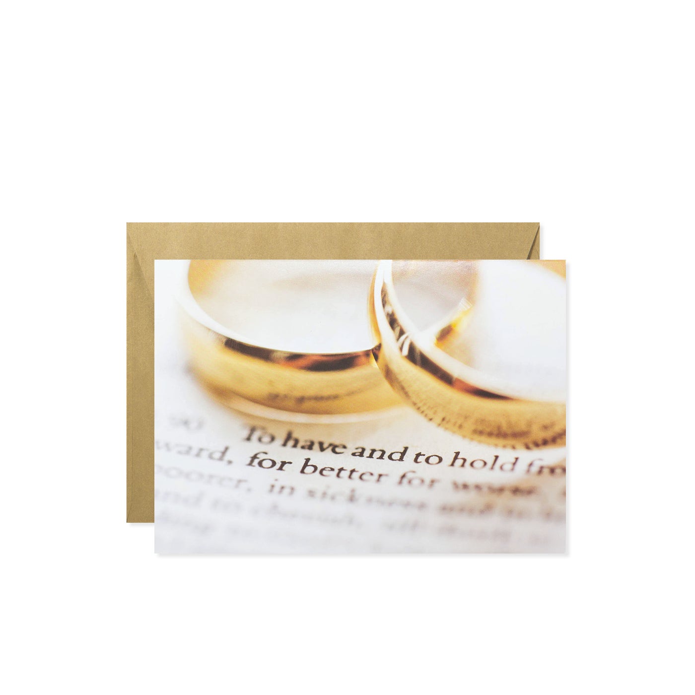 Two gold wedding rings displayed on a card with 'Congratulations to a wonderful couple' text.