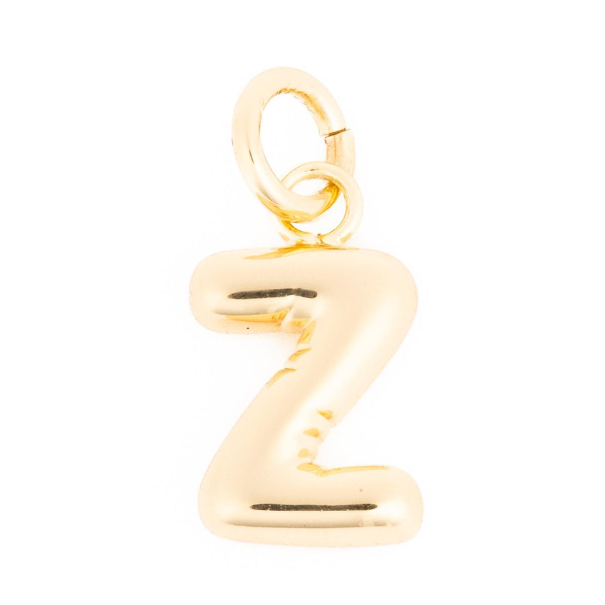 Gold balloon-style letter Z charm with a polished finish and attached jump ring.