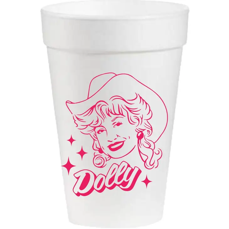 White 16oz styrofoam cup featuring a pink graphic of Dolly Parton and star accents.