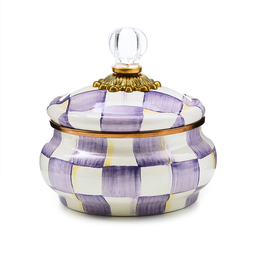 Hand-painted violet check enamel pot with bronzed stainless steel rim and clear glass knob.