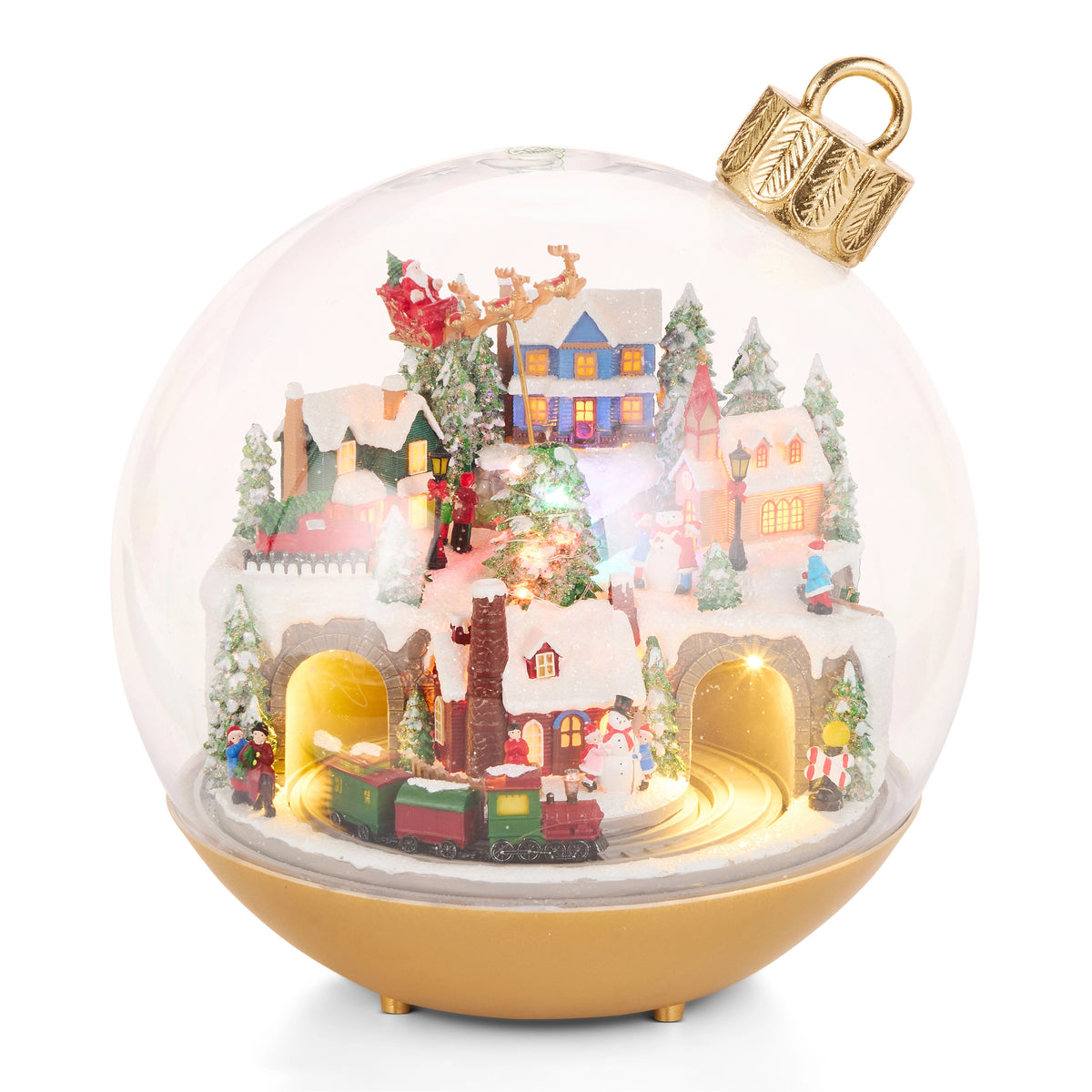 10.5-inch lighted animated musical winter town scene inside a clear glass ornament with a gold base.