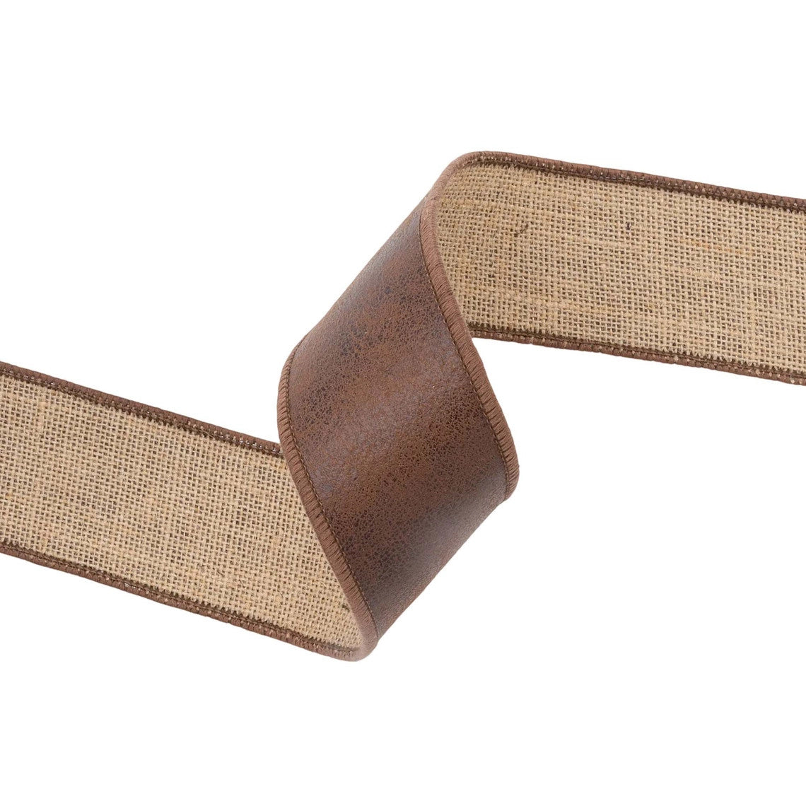2 1/2 inch wired brown leather ribbon with a natural jute fabric backing.