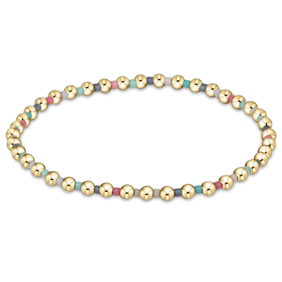 Hope Grateful bracelet featuring mixed seed beads in spring colors with gold accents on elastic cord.