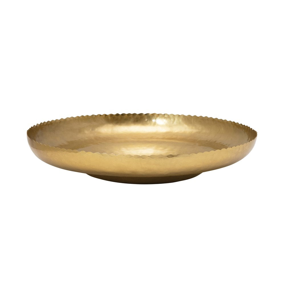 Round metal plate with antique brass finish measuring 12 inches in diameter.