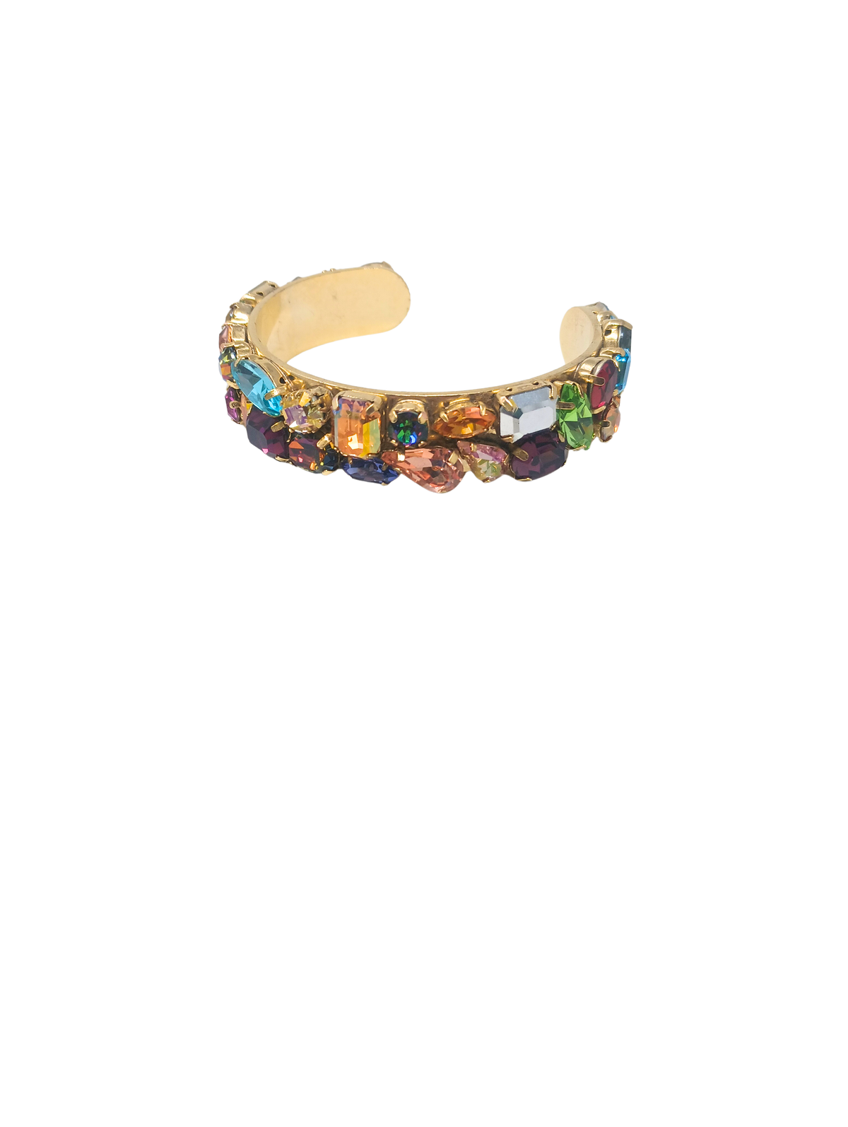 Gold-tone Johnny Cuff bracelet featuring two rows of multi-colored, multi-shaped crystals.