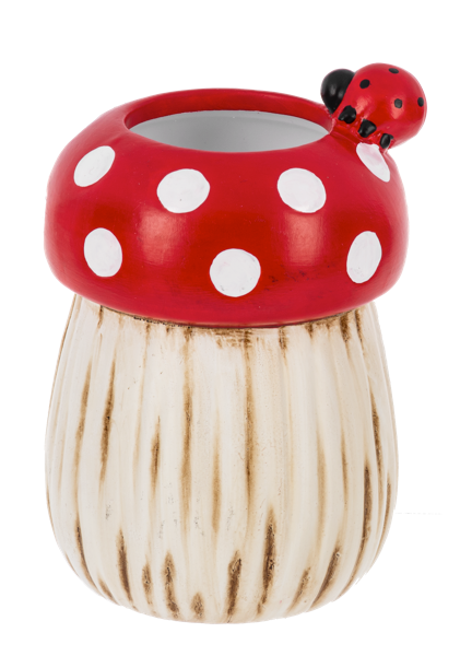 Red and white polka dot mushroom planter with a ladybug detail on the rim.