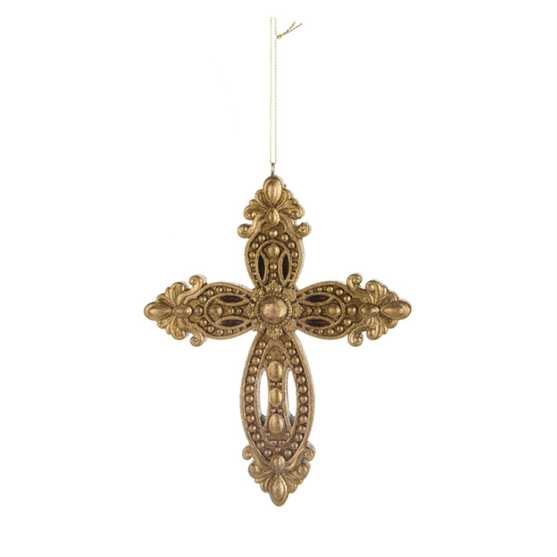7-inch gold resin cross ornament with intricate filigree scrollwork and beaded lattice motifs.