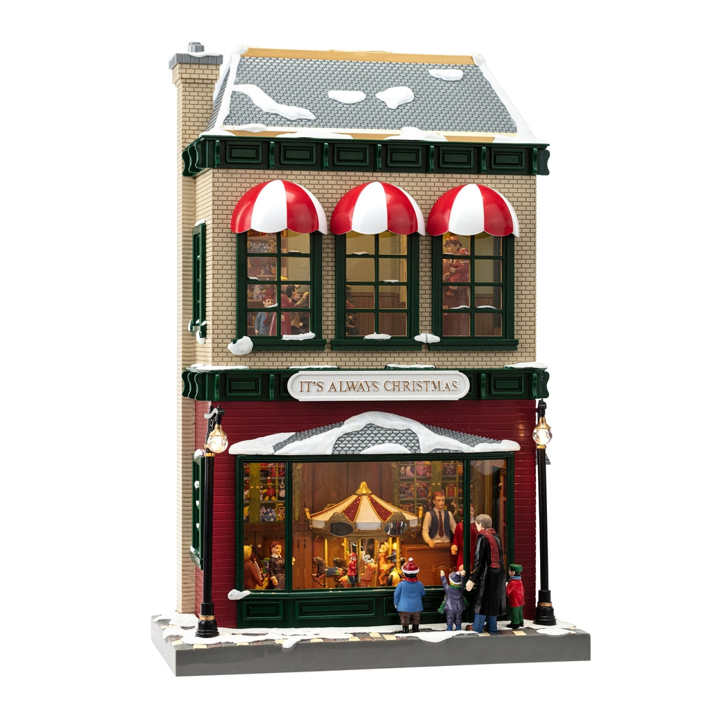Animated vintage department store music box with a detailed storefront facade in natural wood finish.