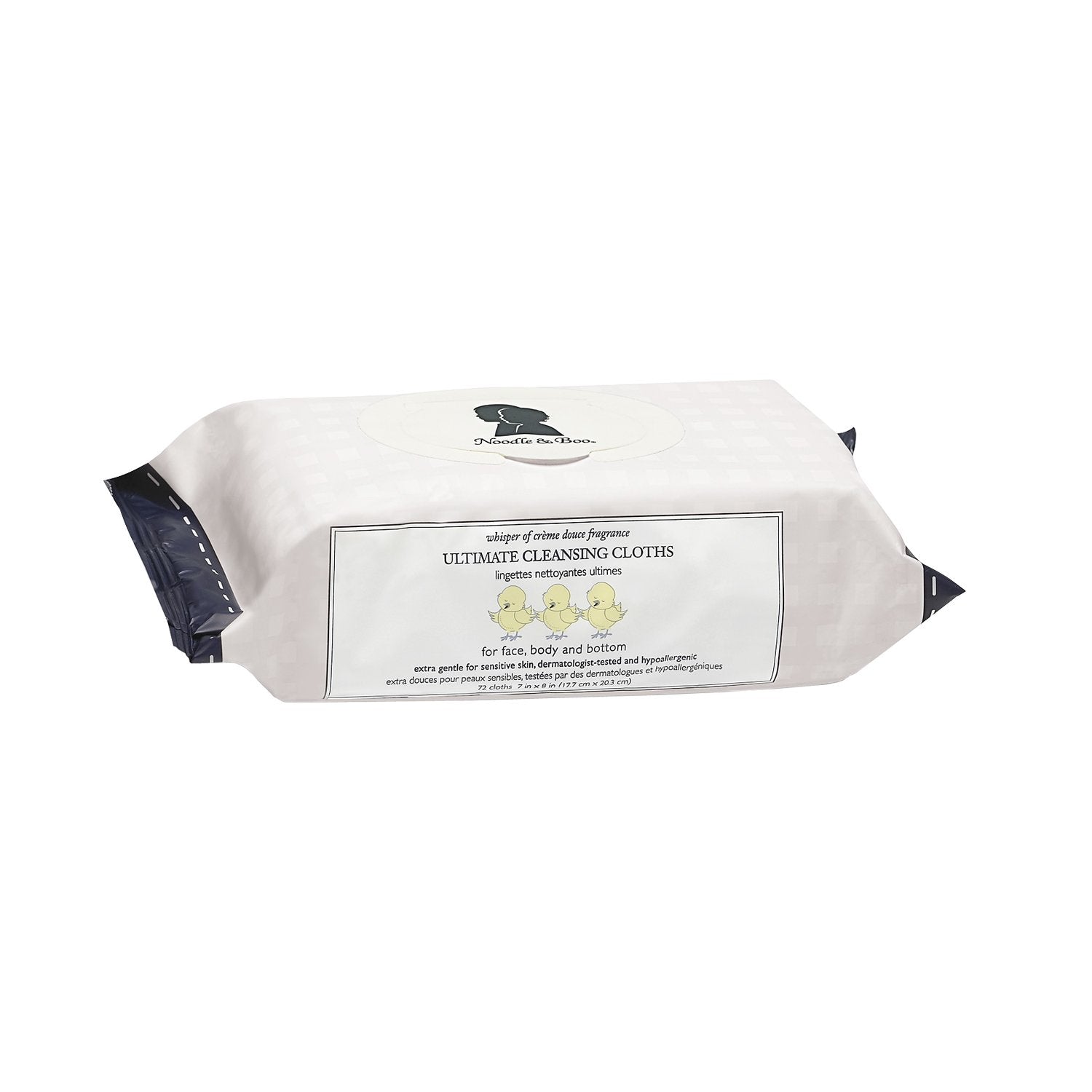 Packaging for Ultimate Cleansing Cloths featuring a plant-based formula with vitamin E and chamomile.