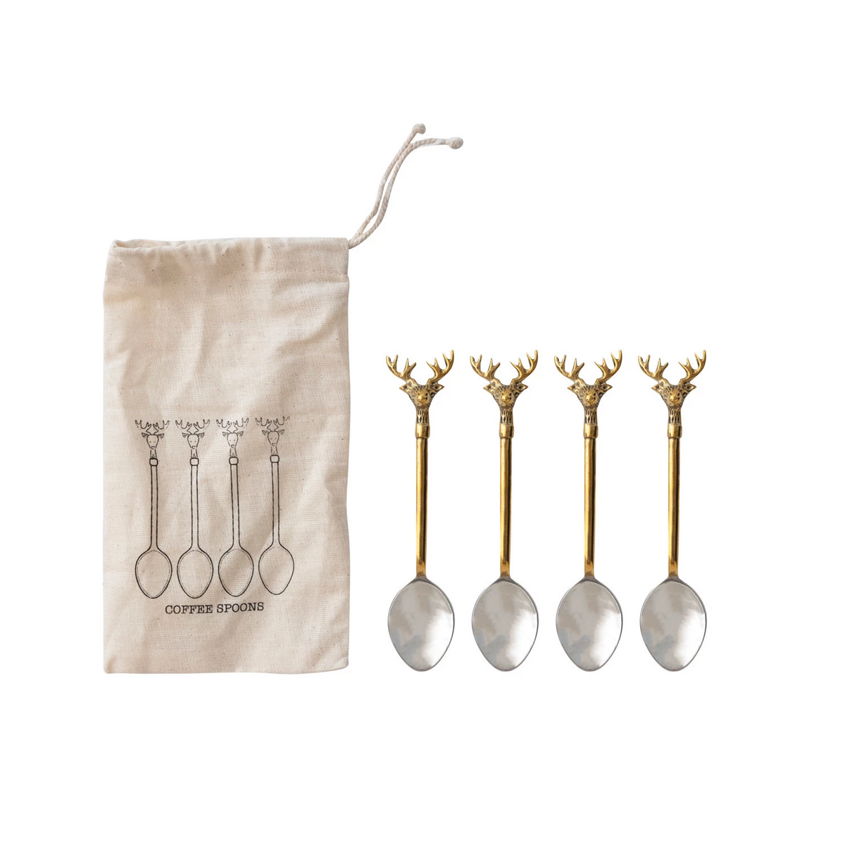 Two spoons with stainless steel handles and brass bowls.