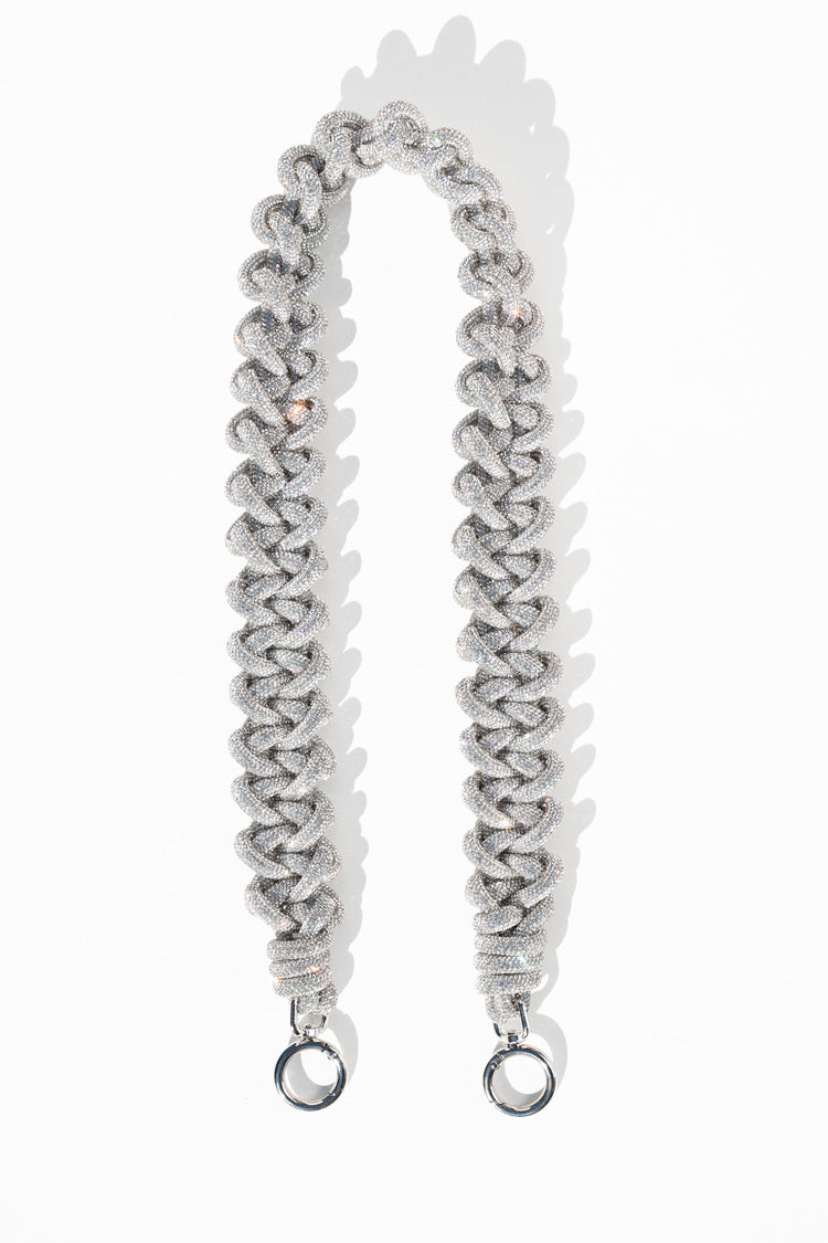 Black leather lace strap with metal hooks designed to attach to bags