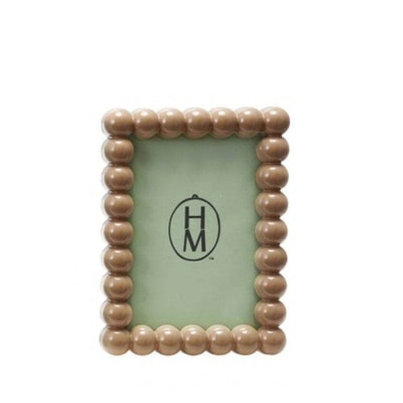 7-inch high tan MDF photo frame with a decorative hobnail beaded border.