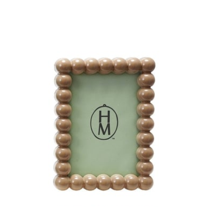 7-inch high tan MDF photo frame with a decorative hobnail beaded border.