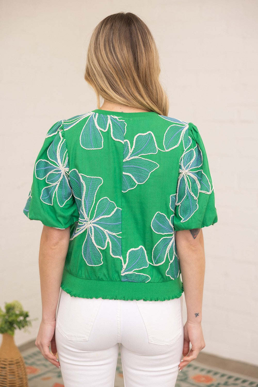 Emily Contrast Band top with floral embroidery on woven fabric featuring a round neckline.