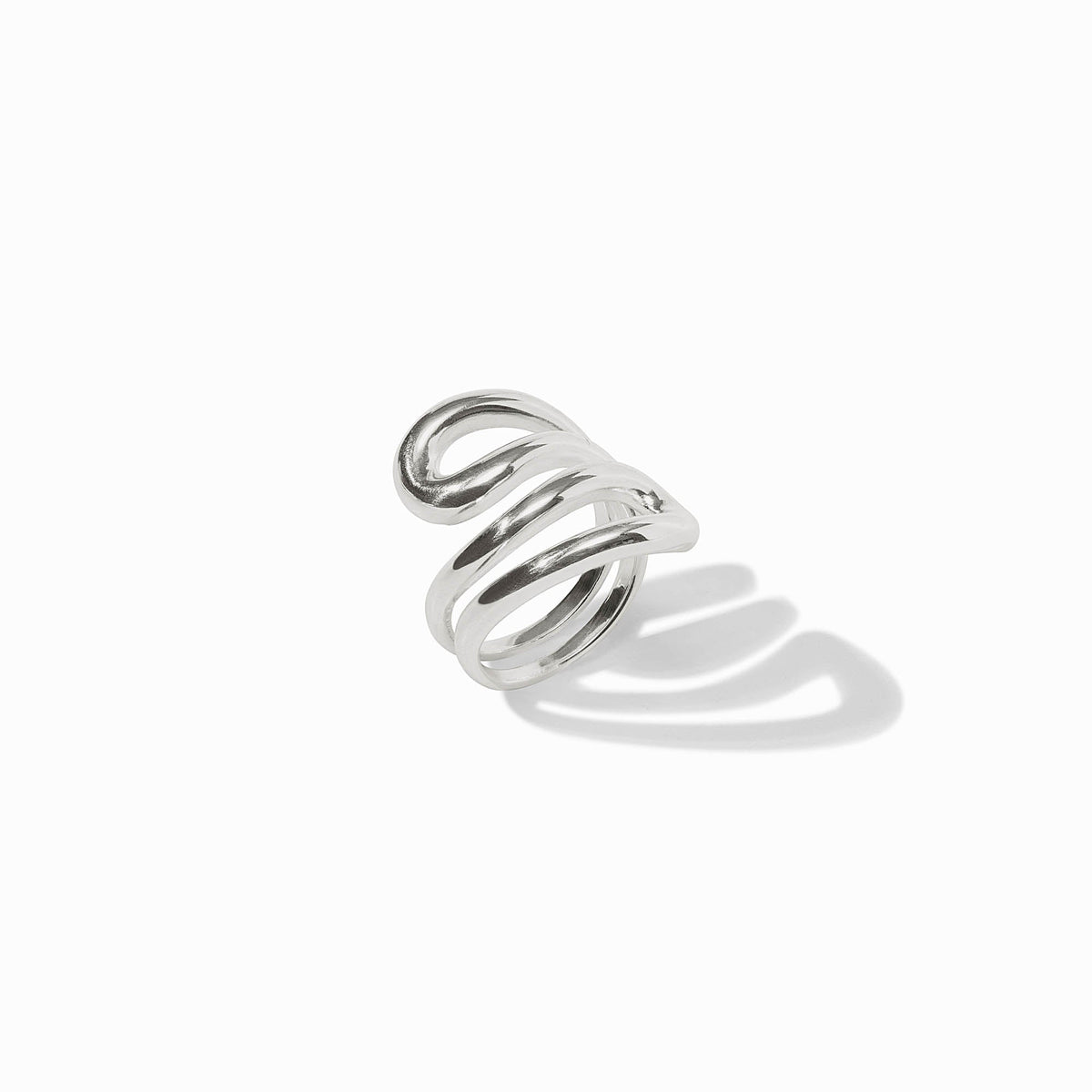 Wave Wrap Ring in polished silver with a multi-layered spiral design on a white background.