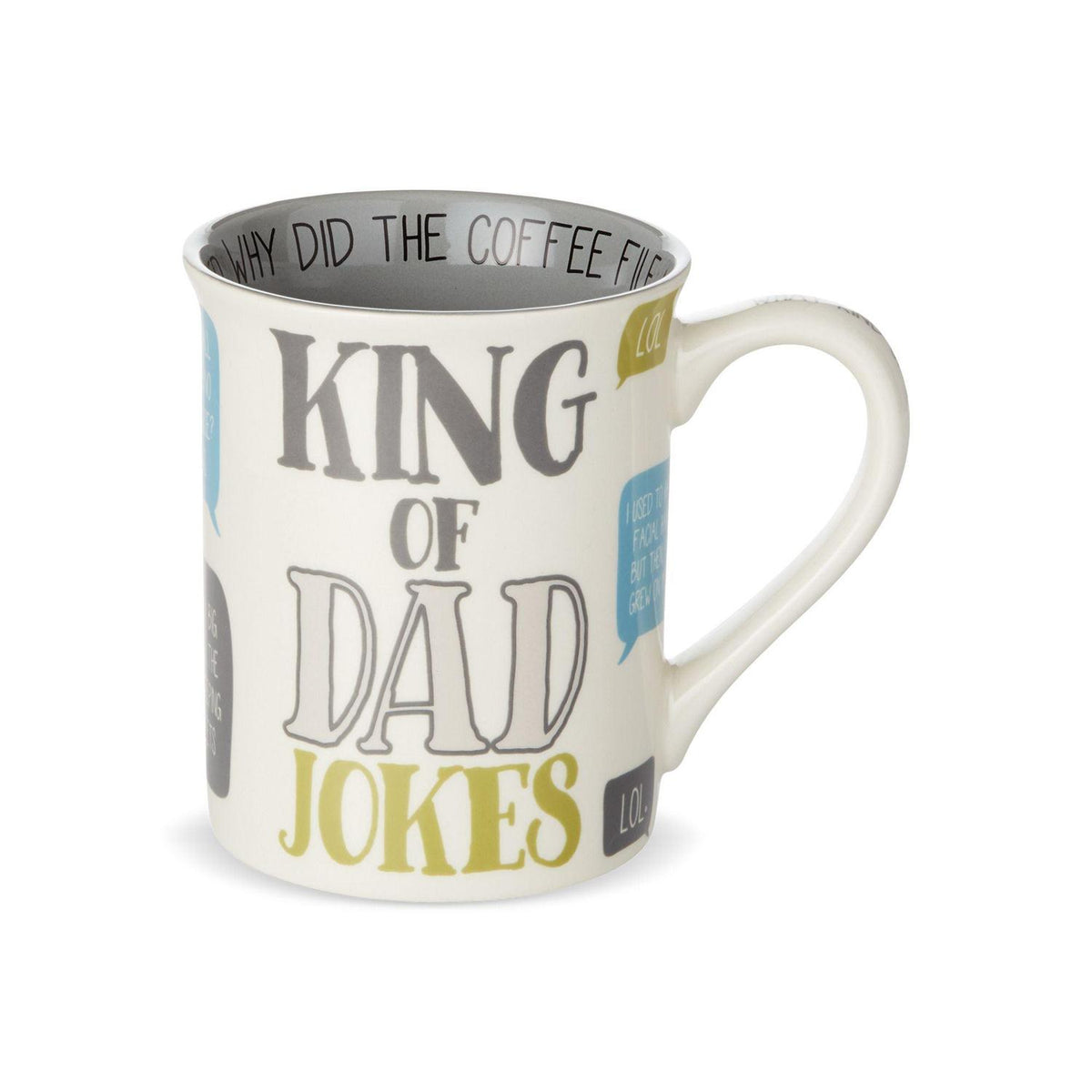 Onim Mug: black stoneware coffee mug with white rim text.