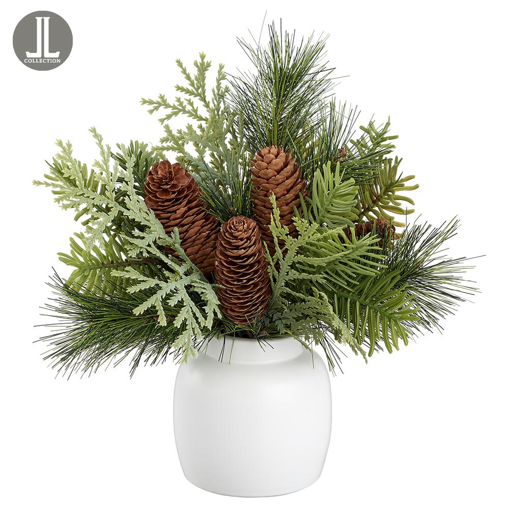 12-inch mixed pine and pine cone arrangement in a white ceramic vase.