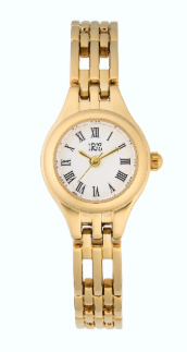 Mary Gold Ladies Watch with a gold-tone bracelet and white dial featuring Roman numerals.