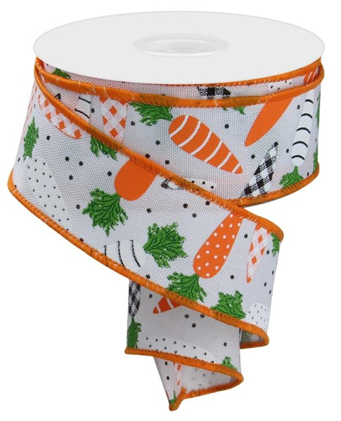 White multi-colored polyester ribbon with a carrot print pattern