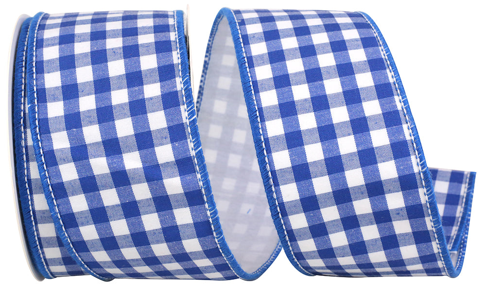 Coastal blue gingham wired ribbon with a straight edge