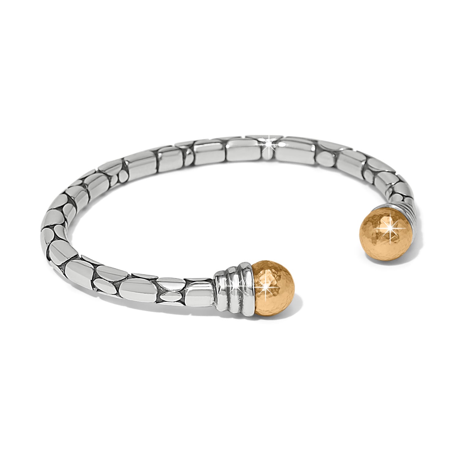 Pebble Link Two Tone Open Flex Cuff Bracelet with silver links and hammered gold ball ends.
