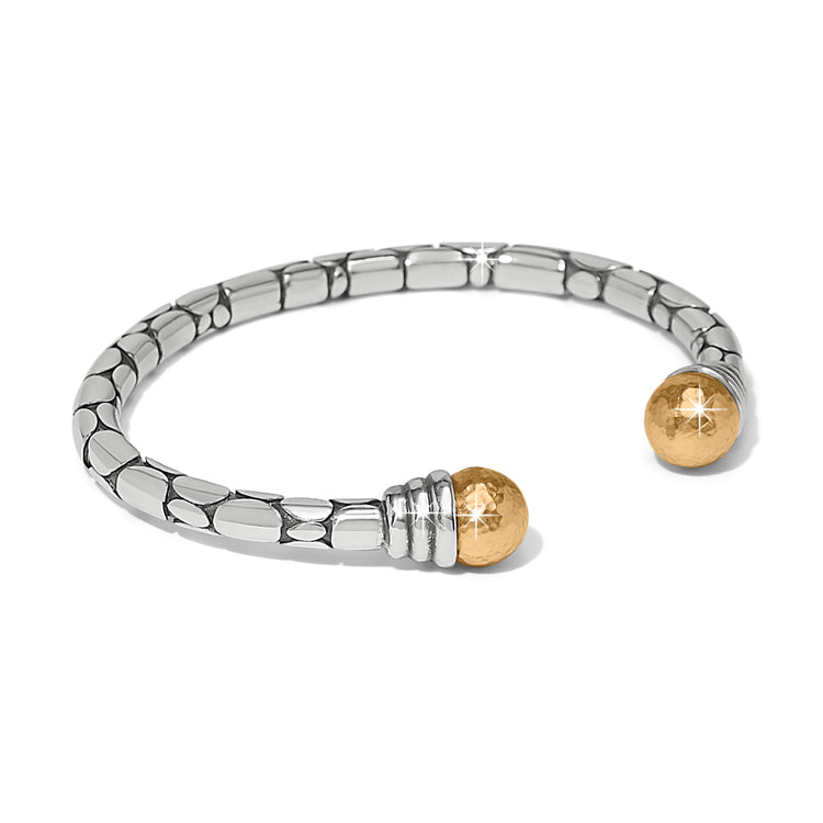 Pebble Link Two Tone Open Flex Cuff Bracelet with silver links and hammered gold ball ends.