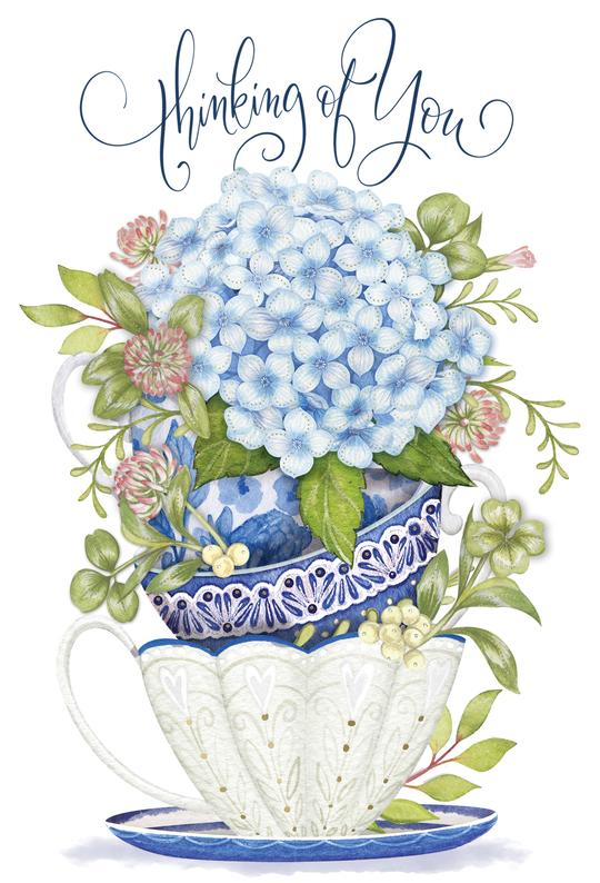 A watercolor greeting card featuring blue hydrangeas and clover spilling from stacked teacups with blue and white floral patterns.