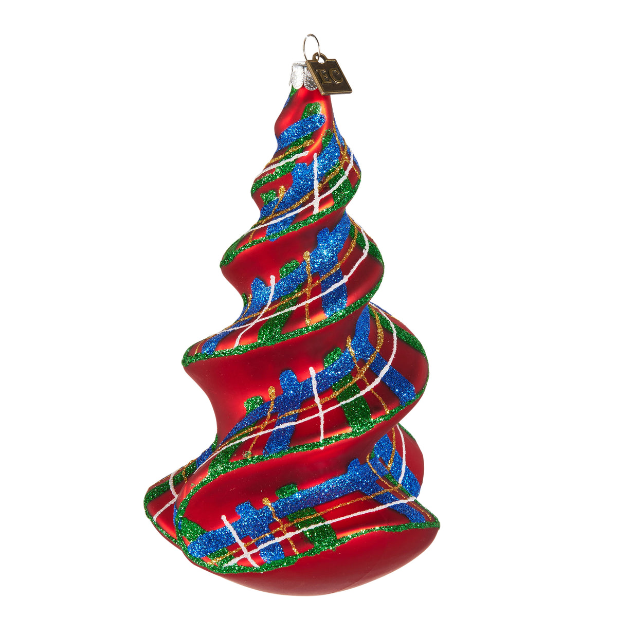 EC 6.25-inch red spiral Christmas tree ornament with blue and green glitter tartan patterns.