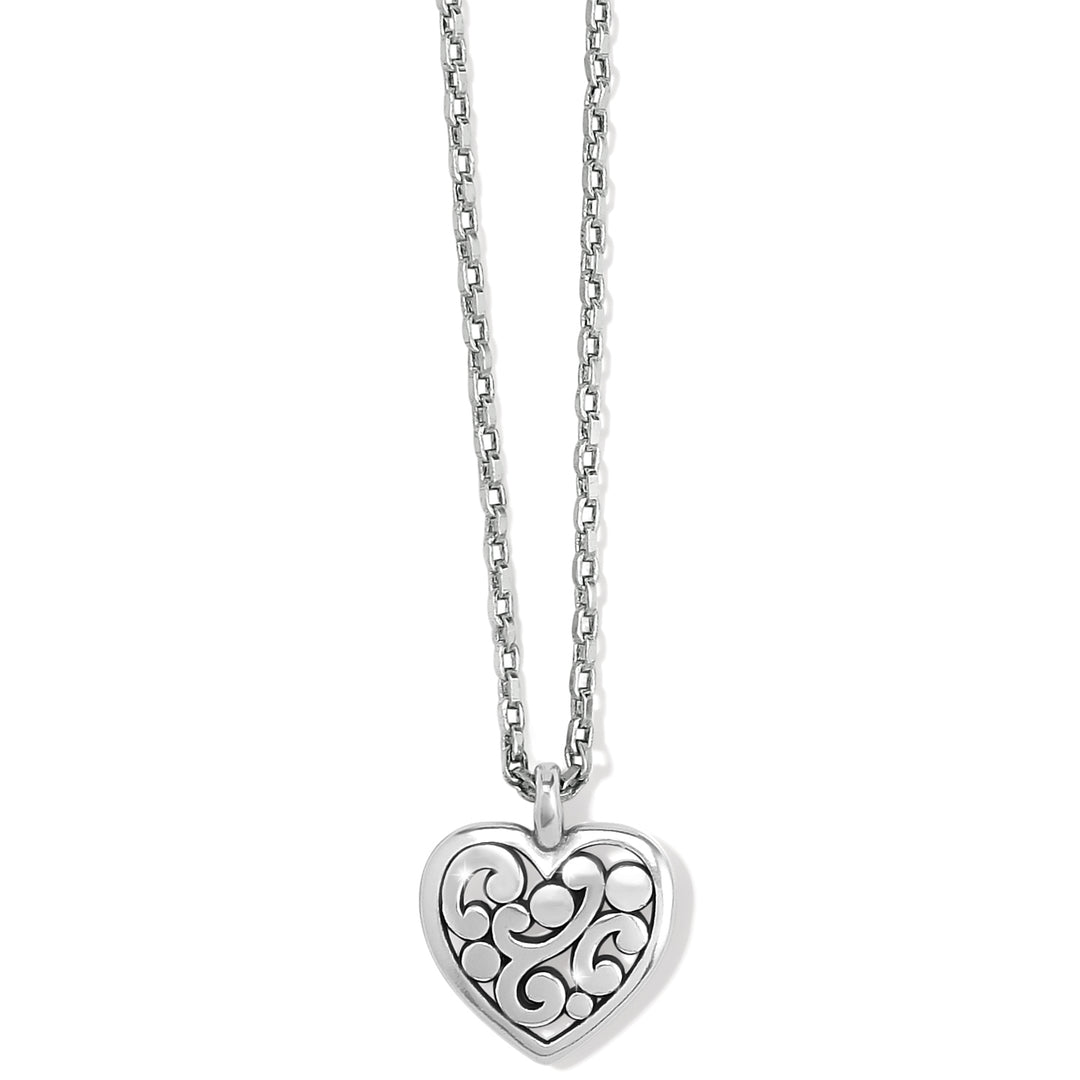 Silver-plated Contempo Heart Petite Necklace with an intricate scrollwork design on a link chain.