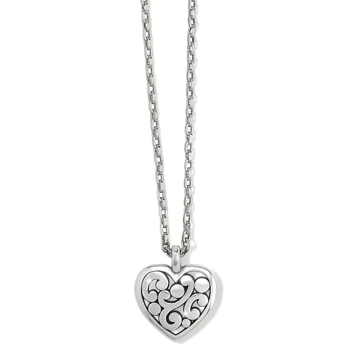Silver-plated Contempo Heart Petite Necklace with an intricate scrollwork design on a link chain.