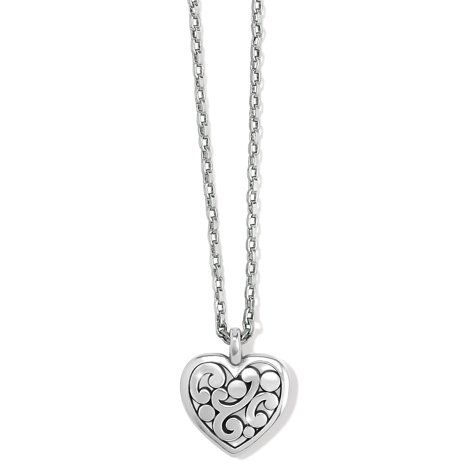 Silver-plated Contempo Heart Petite Necklace with an intricate scrollwork design on a link chain.