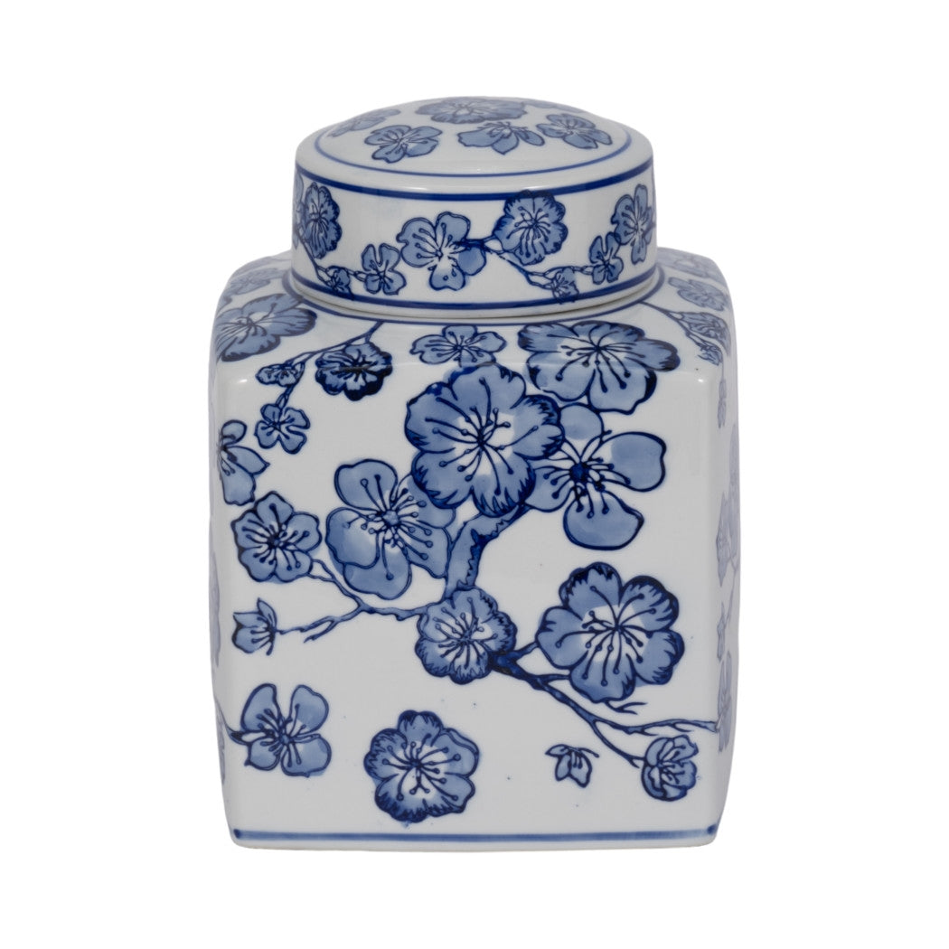 Blue ceramic square jar with white cherry blossom chinoiserie pattern