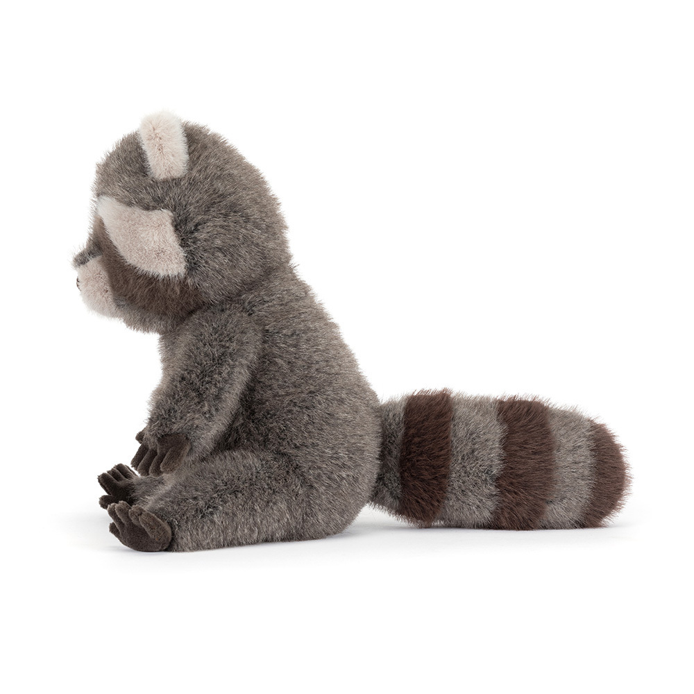Trixiwoo Raccoon plush toy sitting in profile, featuring grey fur and a striped bushy tail.