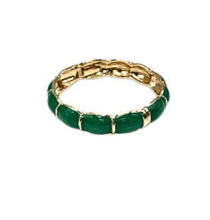 Hinged gold-tone cuff bracelet with green enamel segments.