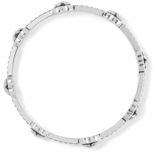 Top view of a silver-plated Pretty Tough Bold Petite Heart Bangle with heart-shaped stud details.