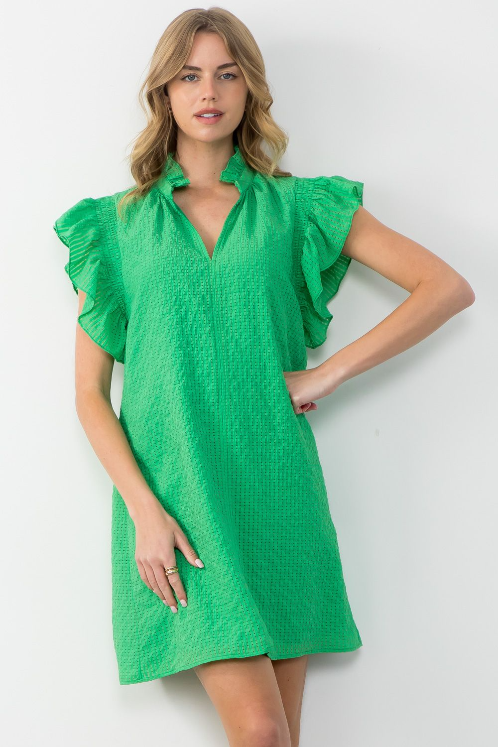 Women's Isabella dress in woven polyester with ruffle sleeves, textured fabric, and a fitted silhouette.