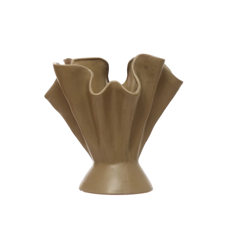 Sage stoneware ruffled vase with reactive glaze finish